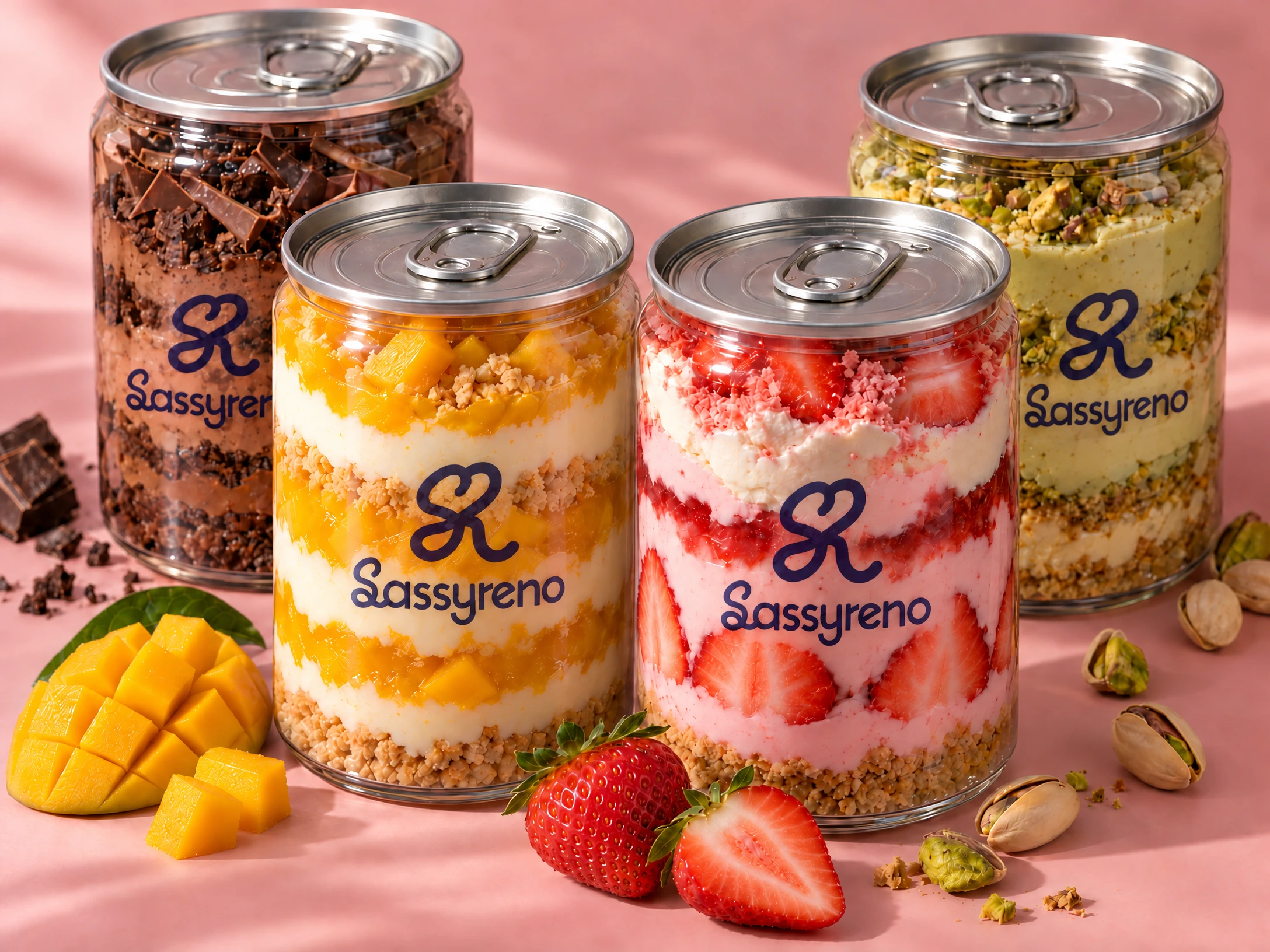 Illustrative Sassyreno strawberry, pistachio, chocolate and mango layered dessert cans